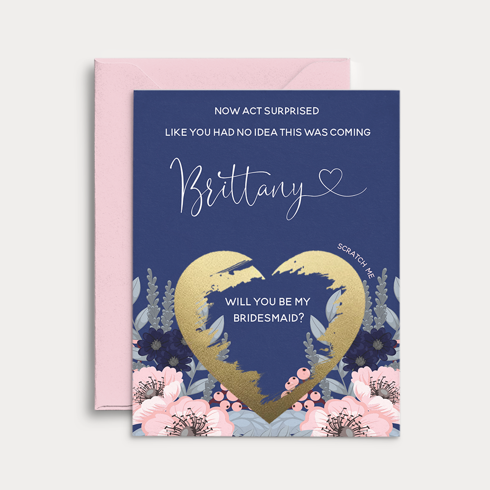 Now act surprised "Will you be my bridesmaid?" scratch-off proposal card. Stylish pink flower bouquet with blue background - XOXOKristen
