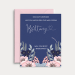 Now act surprised "Will you be my bridesmaid?" scratch-off proposal card. Stylish pink flower bouquet with blue background - XOXOKristen