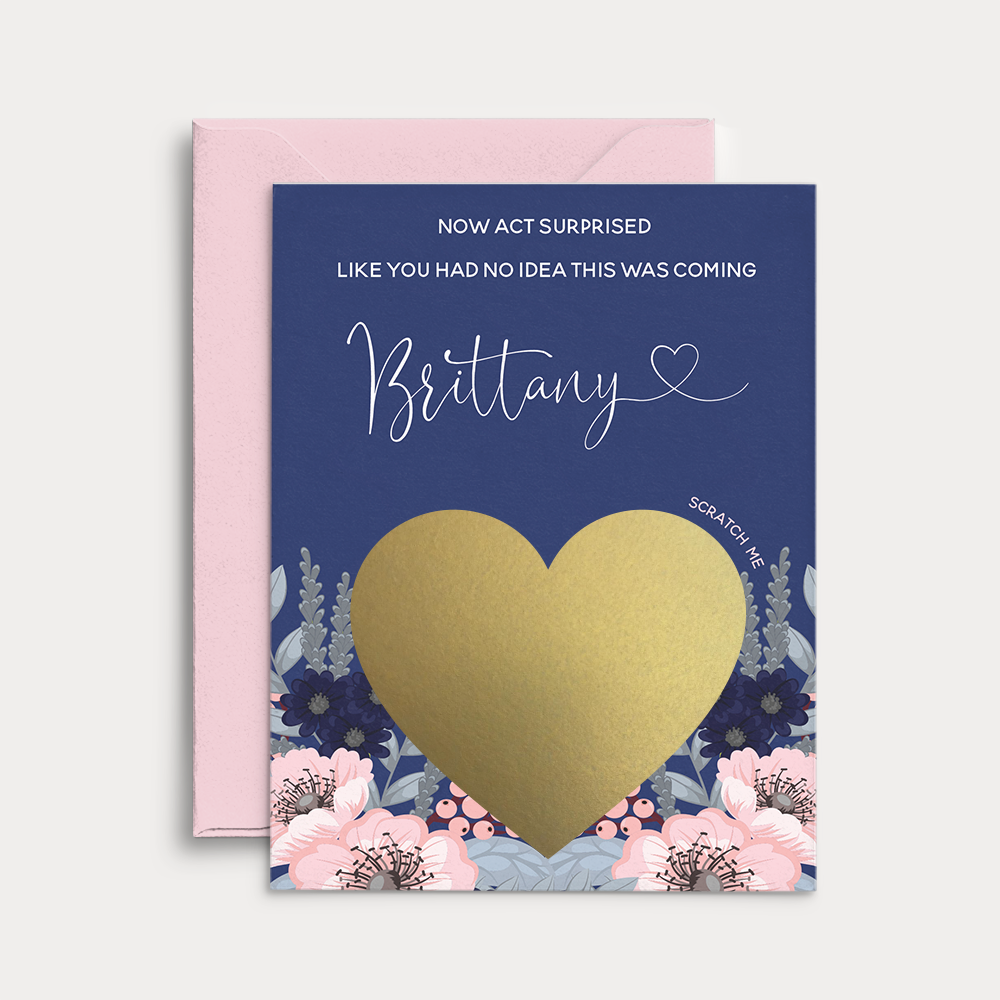 Now act surprised "Will you be my bridesmaid?" scratch-off proposal card. Stylish pink flower bouquet with blue background - XOXOKristen