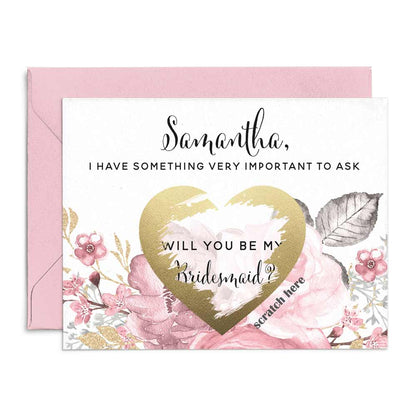 Personalized Will you be my Bridesmaid Dusty Pink and Rose Gold Scratch-off Proposal Card - XOXOKristen