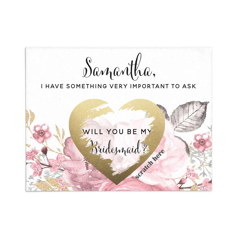 Personalized Will you be my Bridesmaid Dusty Pink and Rose Gold Scratch-off Proposal Card - XOXOKristen