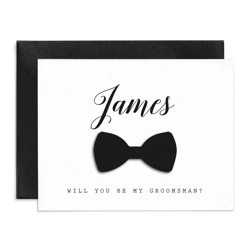 Stylish and elegant personalized Will you be my groomsman proposal card, with unique volumeric bow tie XOXOKristen