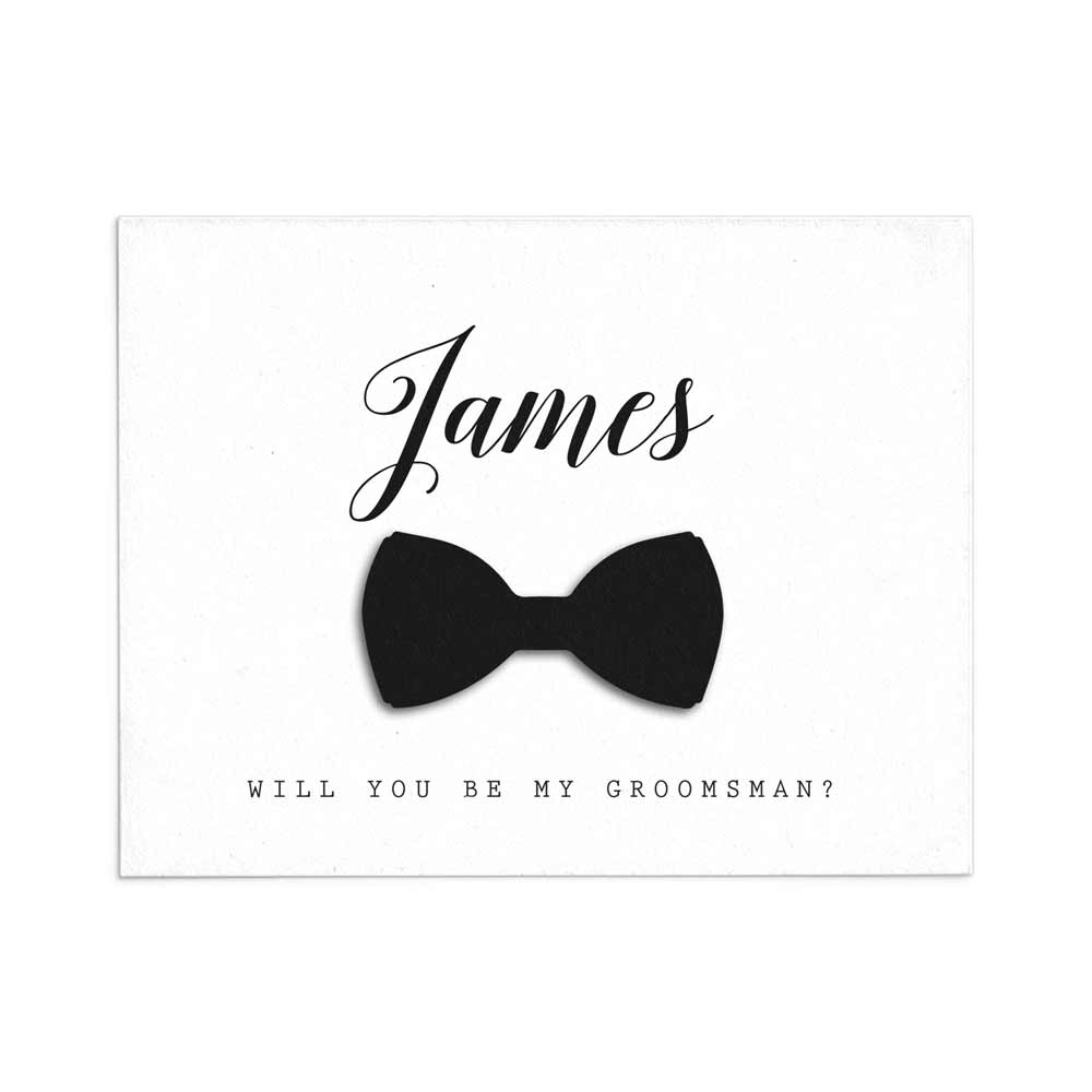 Stylish and elegant personalized Will you be my groomsman proposal card, with unique volumeric bow tie XOXOKristen