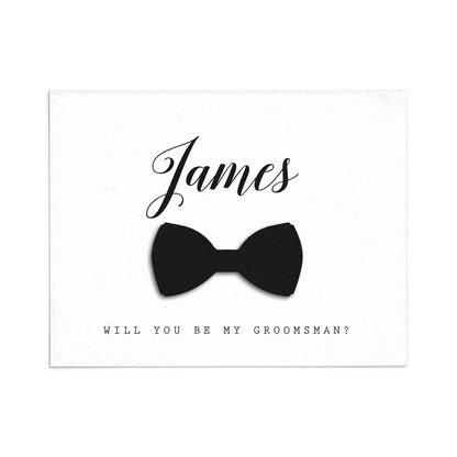 Stylish and elegant personalized Will you be my groomsman proposal card, with unique volumeric bow tie XOXOKristen