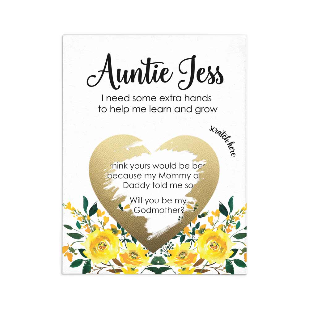 Personalized Will you be my godmother scratch-off card with yellow flowers design - XOXOKristen