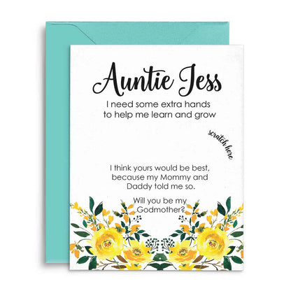 Personalized Will you be my godmother scratch-off card with yellow flowers design - XOXOKristen