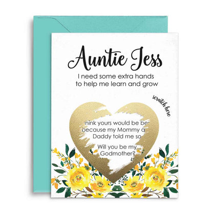 Personalized Will you be my godmother scratch-off card with yellow flowers design - XOXOKristen