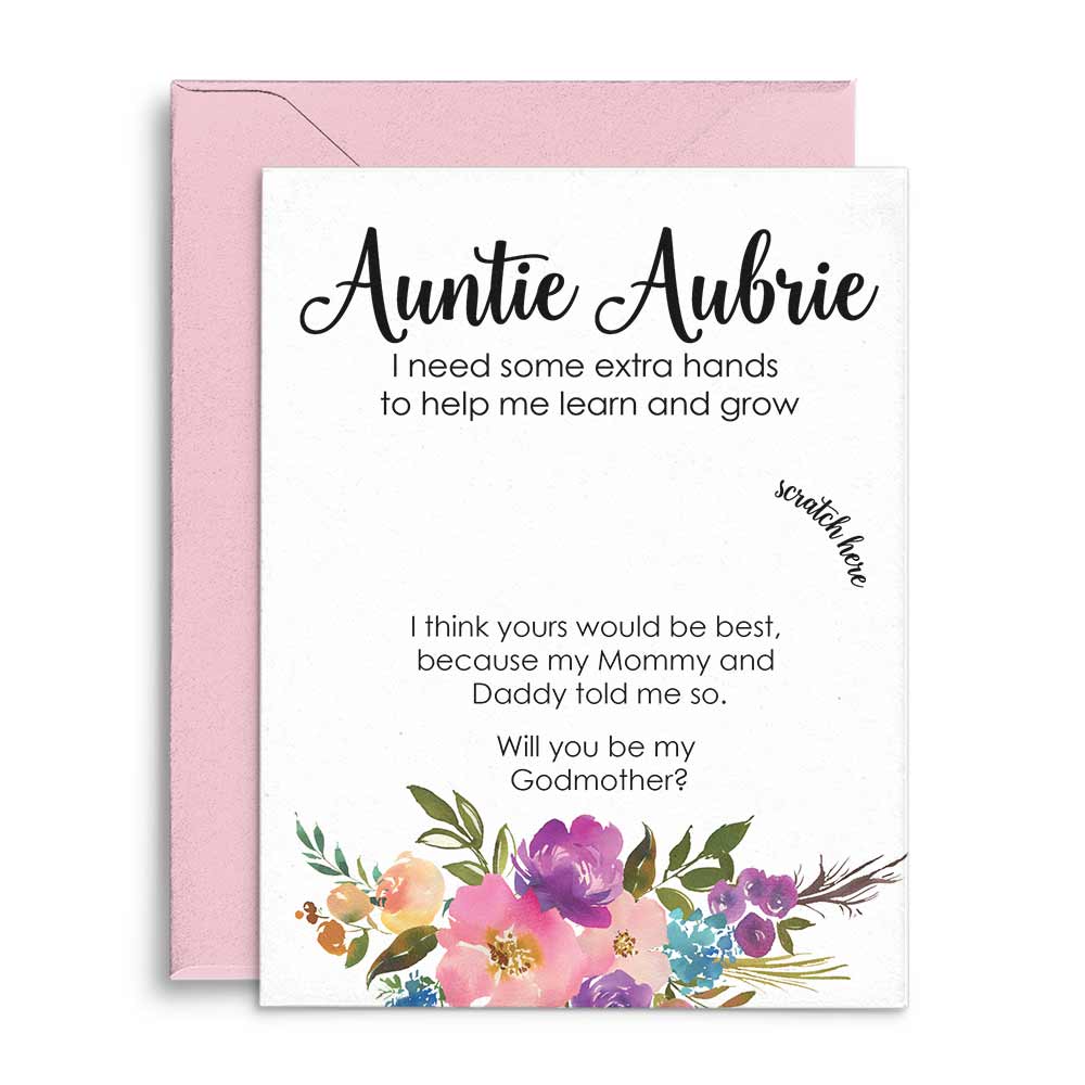 Pink flower bouquet Will you be my godmother scratch-off proposal card - XOXOKristen