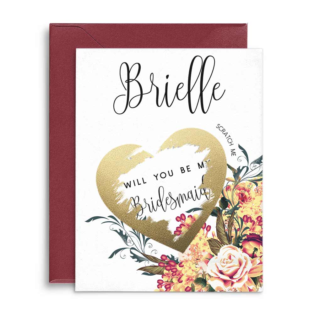 Personalized Will you be my bridesmaid autumn flower bouquet and scratch-off gold heart proposal card- XOXOKristen