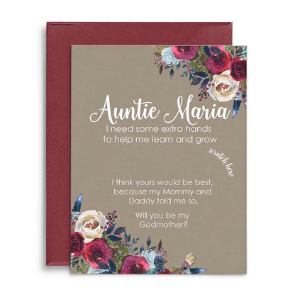 Personalized Will you be my godmother proposal scratch-off card with burgundy flower bouquet - XOXOKristen
