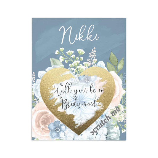 Personalized Will you be my bridesmaid proposal card in dusty blue with pink flower bouquet and scratch-off gold heart - XOXOKristen