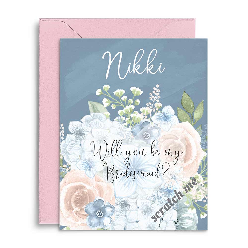 Personalized Will you be my bridesmaid proposal card in dusty blue with pink flower bouquet and scratch-off gold heart - XOXOKristen