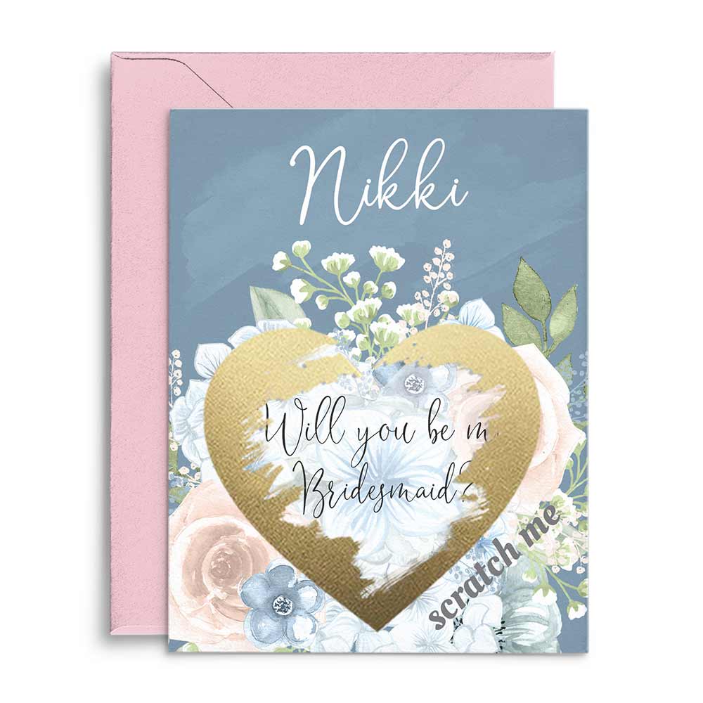 Personalized Will you be my bridesmaid proposal card in dusty blue with pink flower bouquet and scratch-off gold heart - XOXOKristen