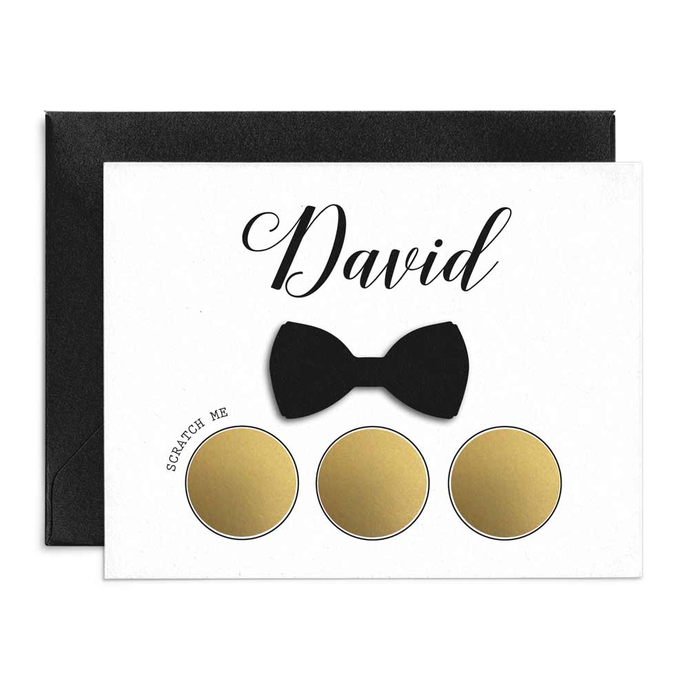 Personalized black bow tie scratch off groiomsman proposal card - xoxokristen