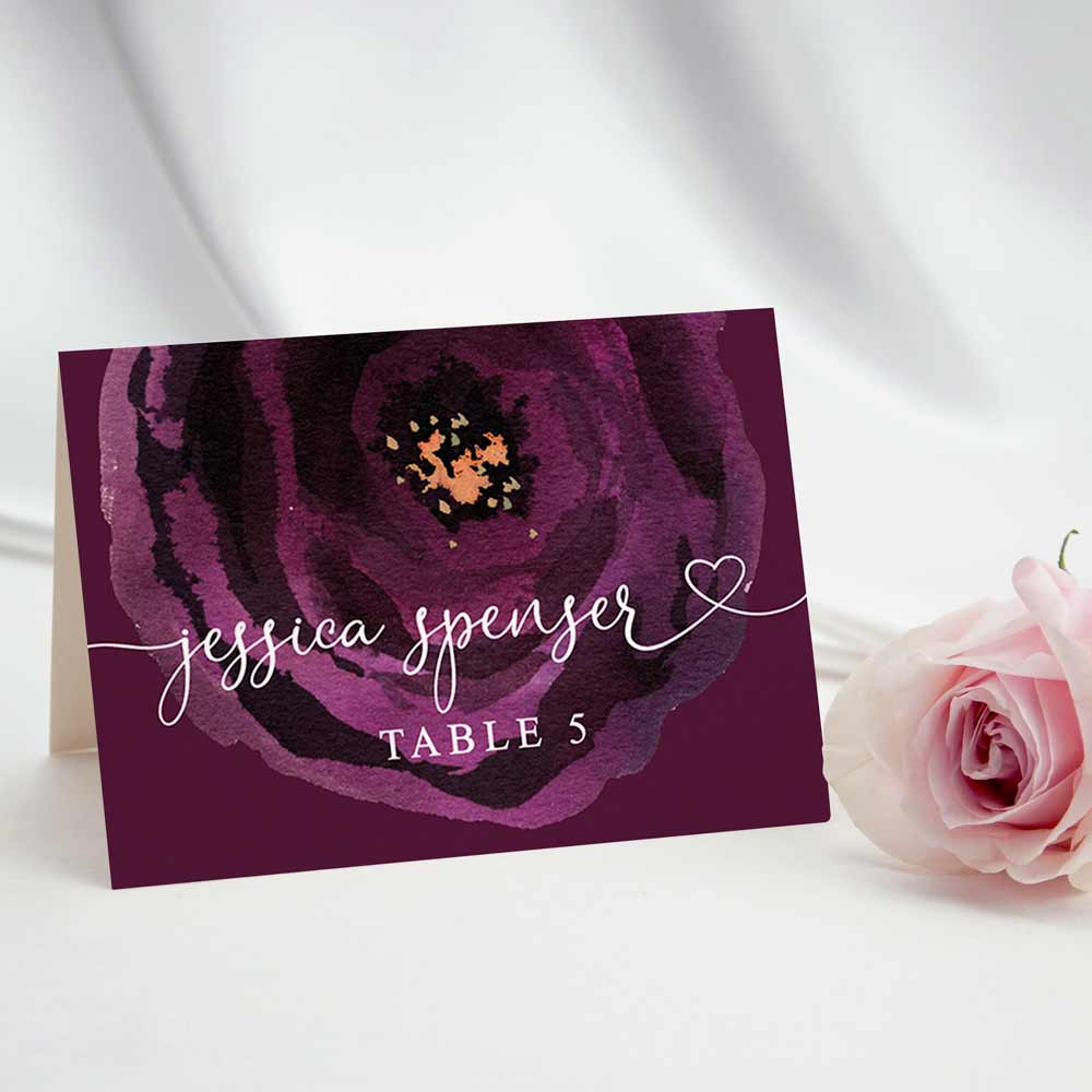 Personalized plum wedding table place card - XOXOKristen