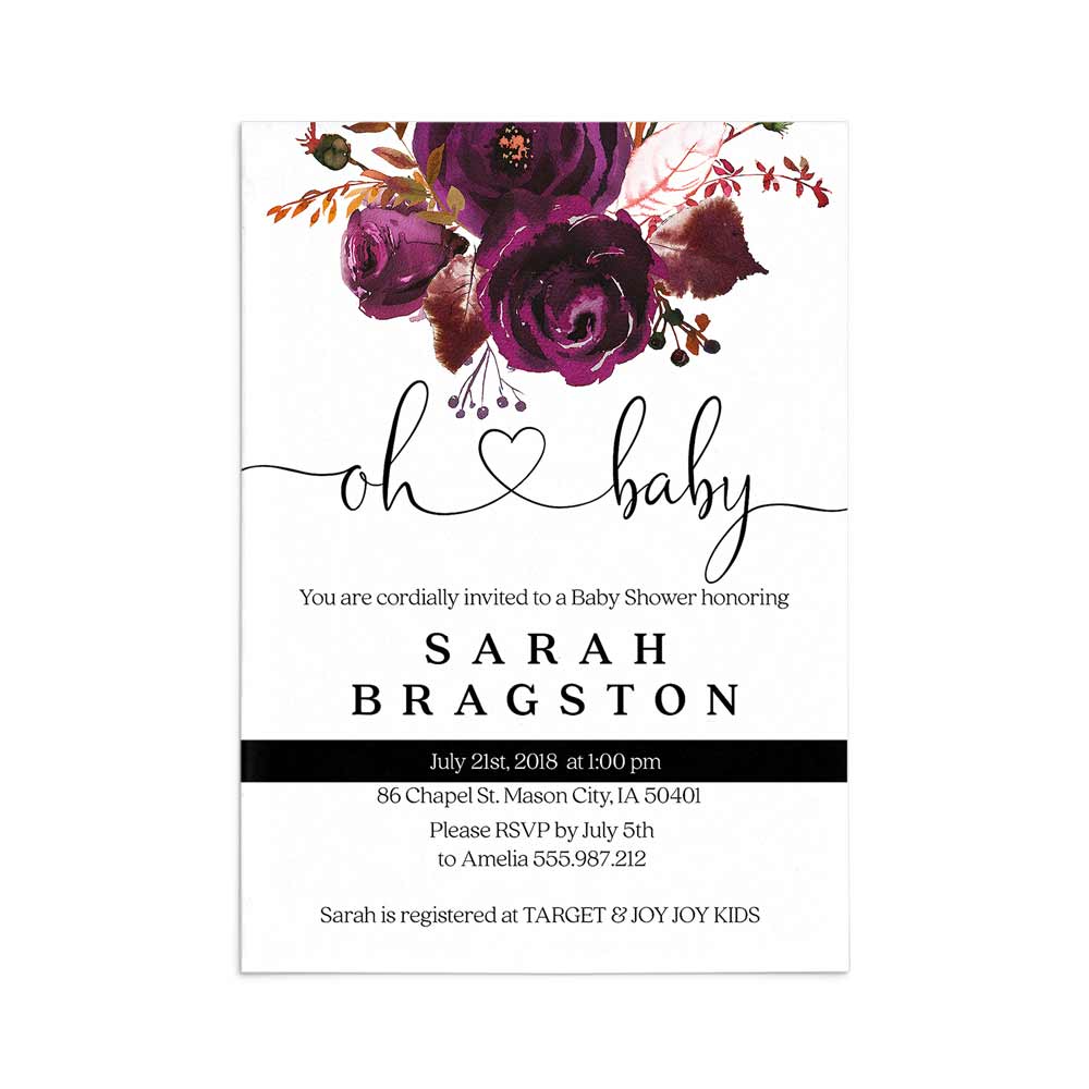 Custom baby shower invitation with plum floral decoration - XOXOKristen