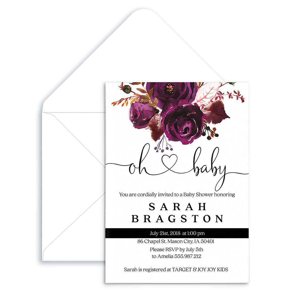 Custom baby shower invitation with plum floral decoration - XOXOKristen