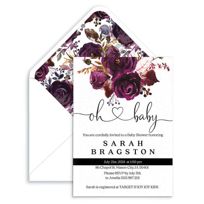 Custom baby shower invitation with plum floral decoration - XOXOKristen