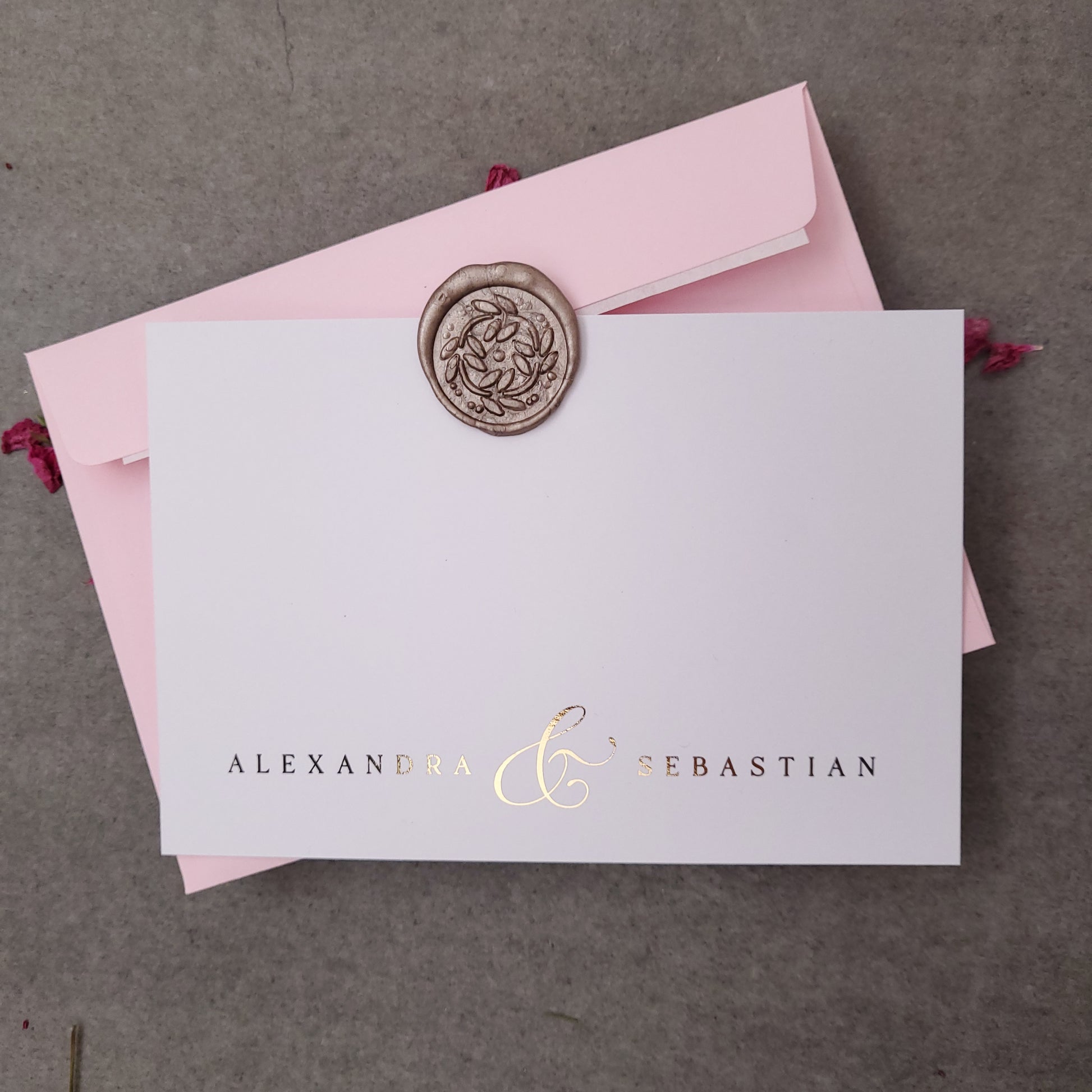 custom flat wedding stationery cards with gold foiled lettering- XOXOKristen
