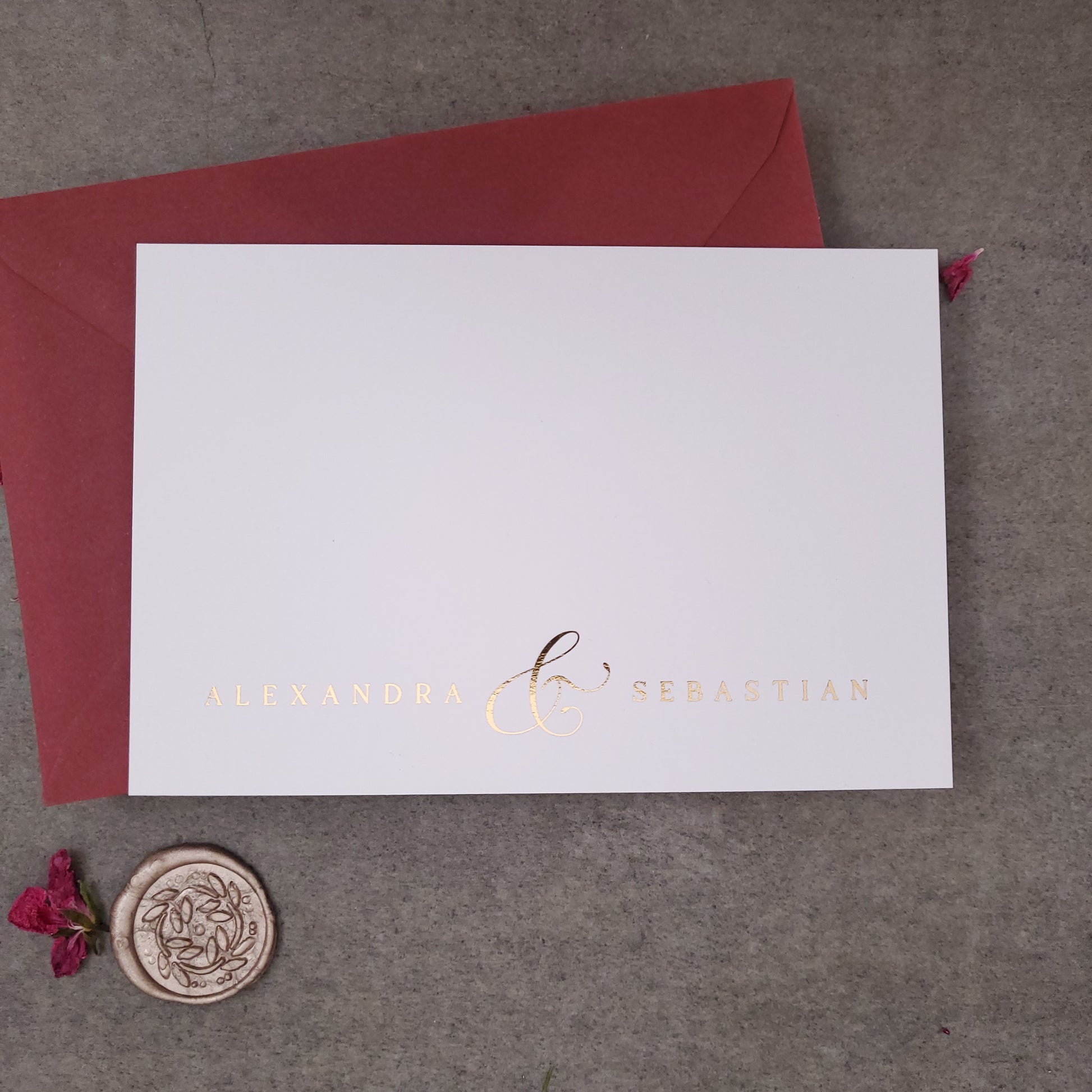custom flat wedding stationery cards with gold foiled lettering- XOXOKristen