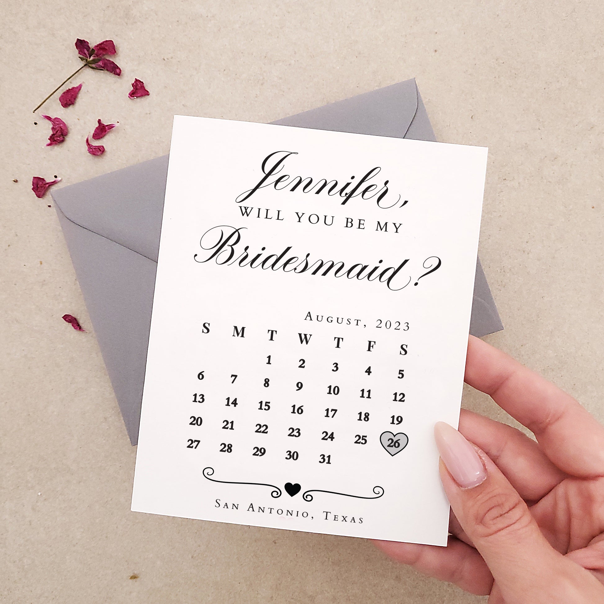 elegant will you be my bridesmaid proposal card with calendar design - XOXOKristen