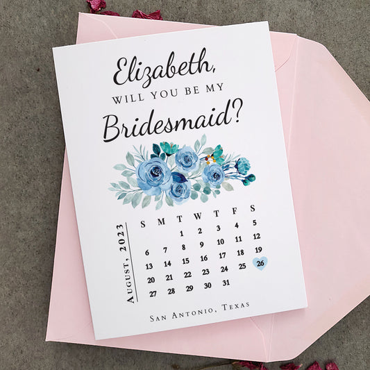 custom blue floral bridesmaid proposal card with calendar design - XOXOKristen