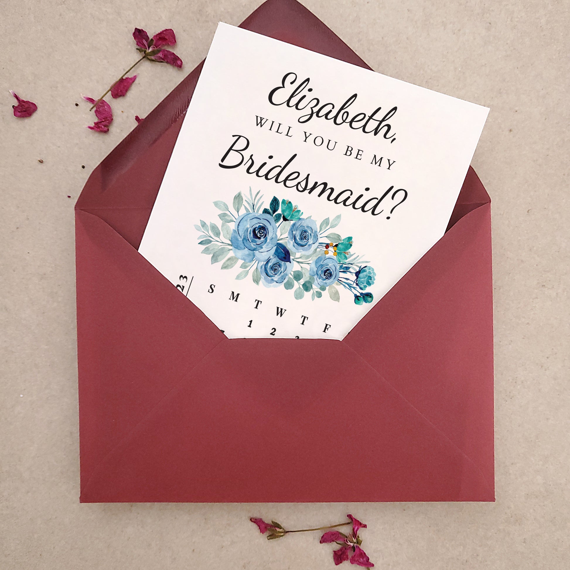 custom blue floral bridesmaid proposal card with calendar design - XOXOKristen