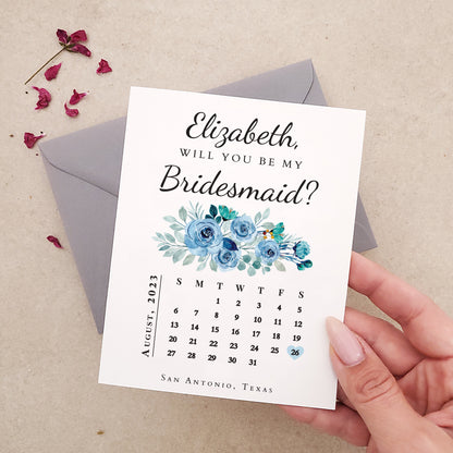 custom blue floral bridesmaid proposal card with calendar design - XOXOKristen