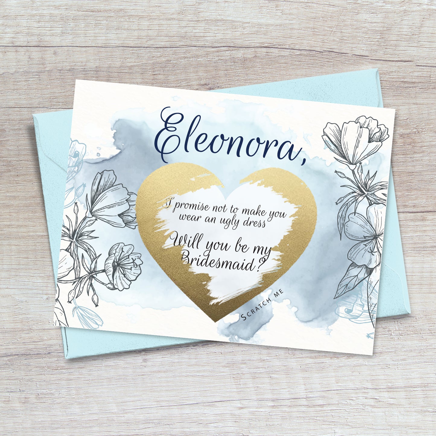 blue watercolor will you be my bridesmaid proposal card with scratch-off heart - XOXOKristen