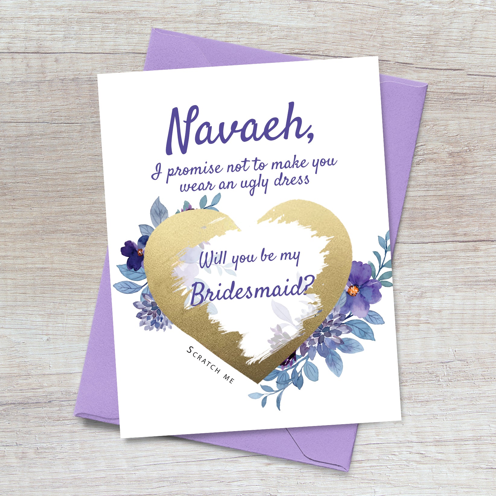 will you be my bridesmaid proposal card with purple-blue flower bouquet - XOXOKristen
