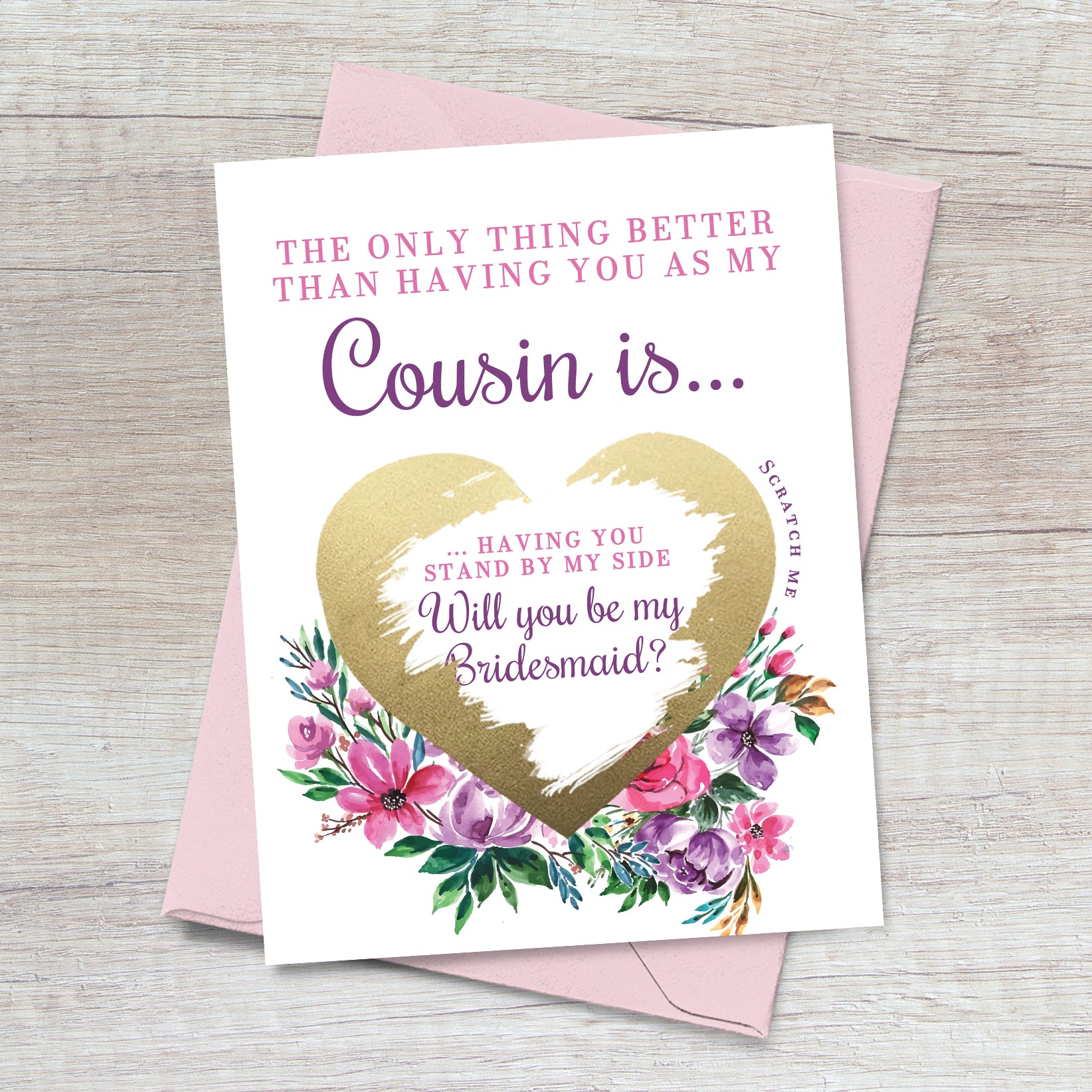 personalized will you be  my bridesmaid proposal scratch-off card for cousin with pink and purple floral design - XOOXKristen