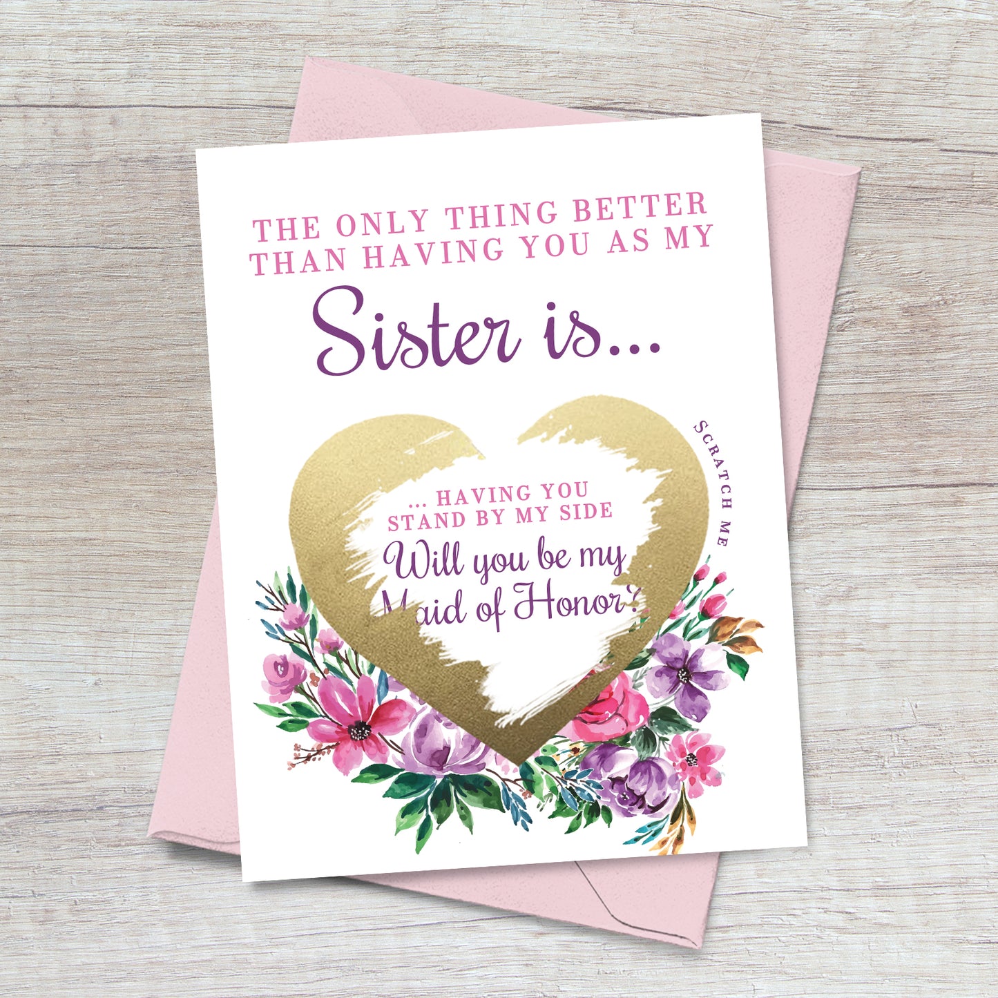 pink and purple will you be my maid of honor proposal card for sister with gold scratch-off heart - XOXOKristen
