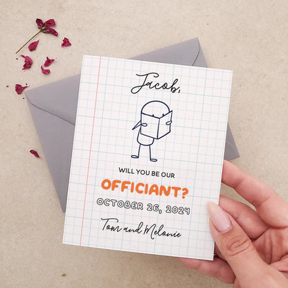 will you be our officiant proposal card with notebook sketch design - XOXOKristen