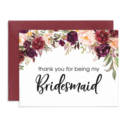 Floral Burgundy Thank you for being my bridesmaid card - XOXOKristen
