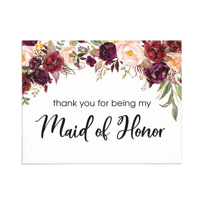 Floral Burgundy Thank you for being my maid of honor card - XOXOKristen