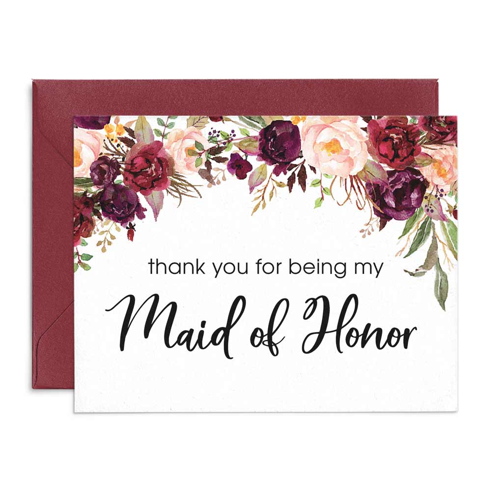 Floral Burgundy Thank you for being my maid of honor card - XOXOKristen