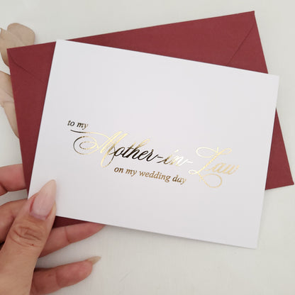 gold foiled mother-in-law on my wedding day note card - XOXOKristen