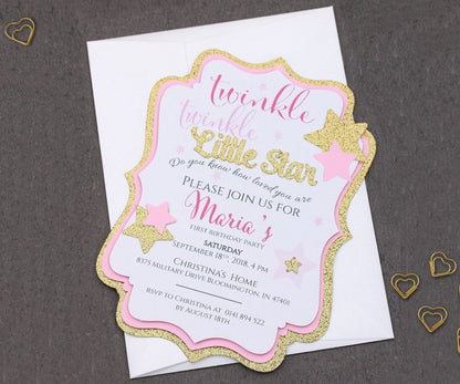 Custom pink and gold Twinkle Twinkle Little Star birthday invitation -  XOXOKristen