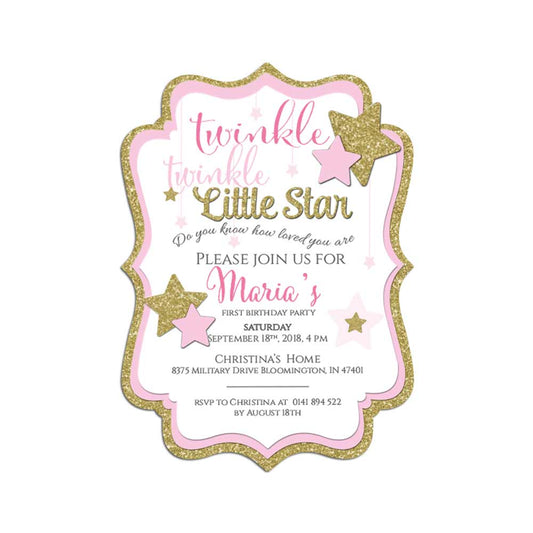 Custom pink and gold Twinkle Twinkle Little Star birthday invitation -  XOXOKristen