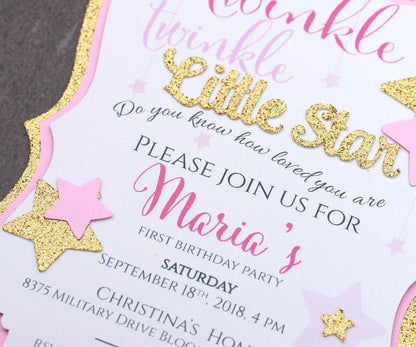 Custom pink and gold Twinkle Twinkle Little Star birthday invitation -  XOXOKristen