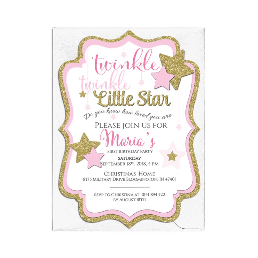Custom pink and gold Twinkle Twinkle Little Star birthday invitation -  XOXOKristen