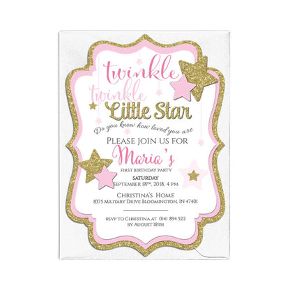Custom pink and gold Twinkle Twinkle Little Star birthday invitation -  XOXOKristen
