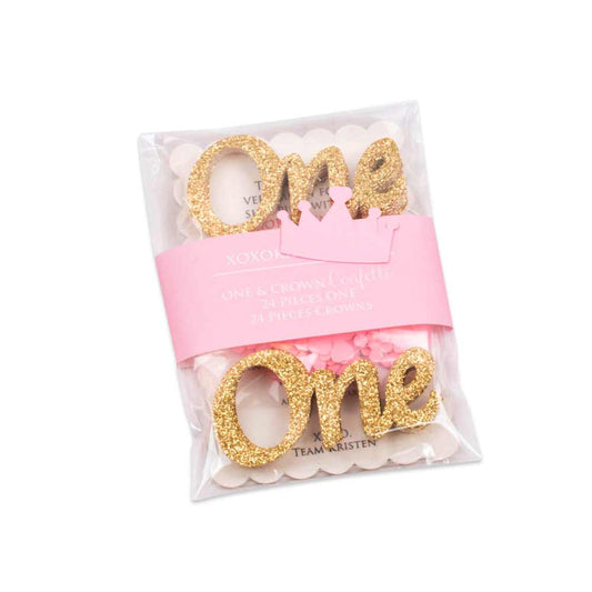 Gold glitter and pink one and crown shaped first birthday party confetti - XOXOKristen