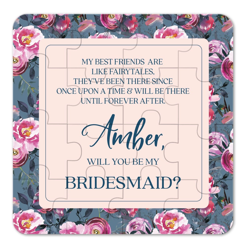 Personalized Will you be my bridesmaid Puzzle Proposal with Vintage Blue Floral Design and Heartfelt Poem - XOXOKristen
