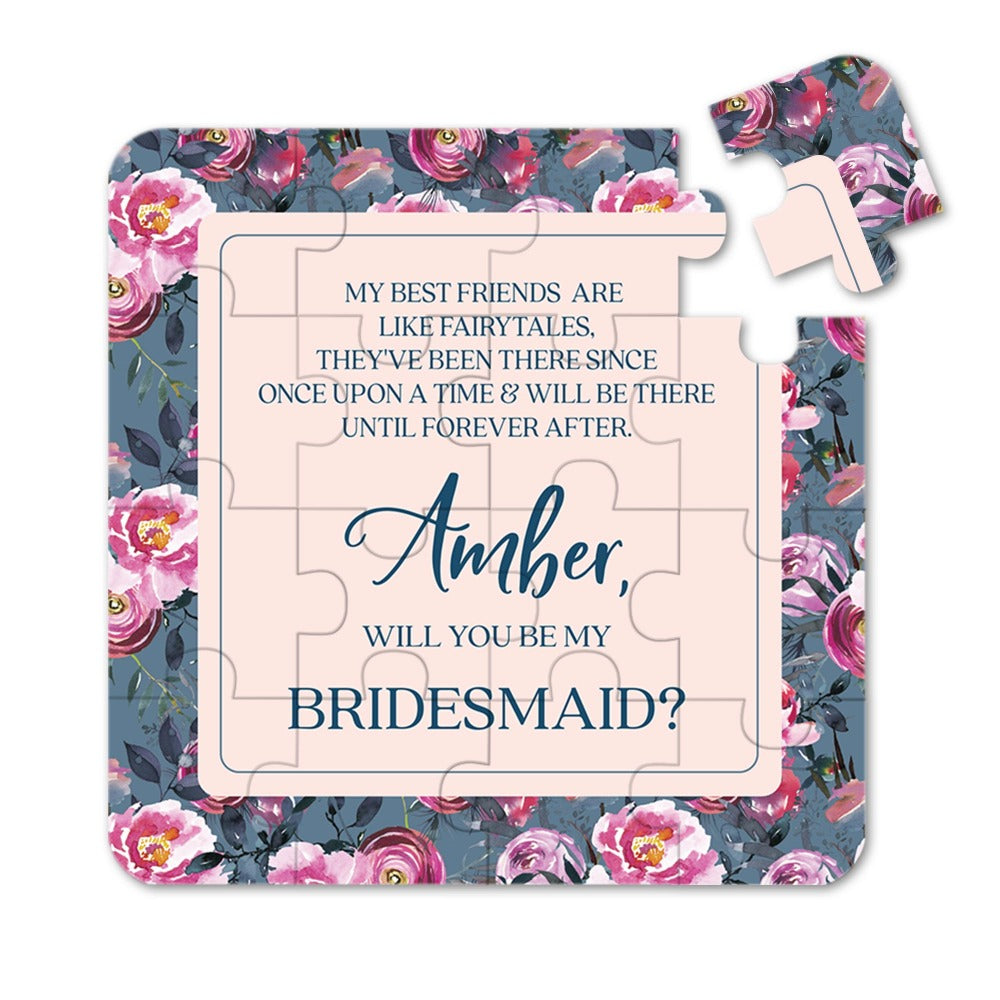 Personalized Will you be my bridesmaid Puzzle Proposal with Vintage Blue Floral Design and Heartfelt Poem - XOXOKristen
