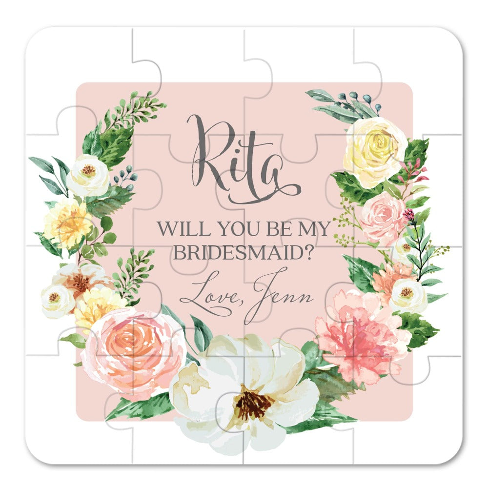 Personalized Will you be my bridesmaid Puzzle Proposal with Dusty Pink Flower Bouquet - XOXOKristen