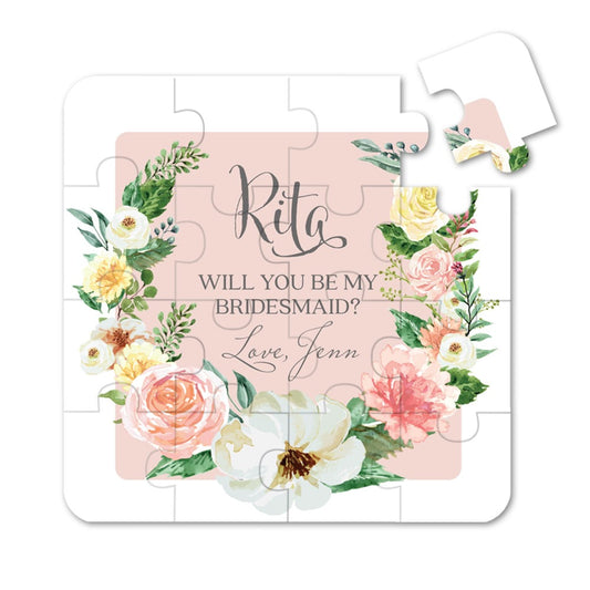 Personalized Will you be my bridesmaid Puzzle Proposal with Dusty Pink Flower Bouquet - XOXOKristen