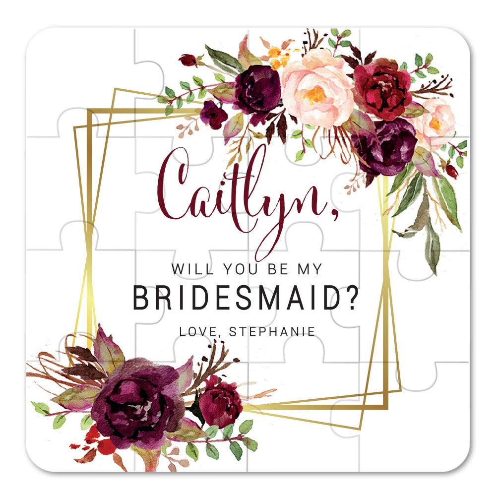 Personalized Will you be my bridesmaid Puzzle Proposal ith burgundy flower bouquet and delicate gold frame - XOXOKristen