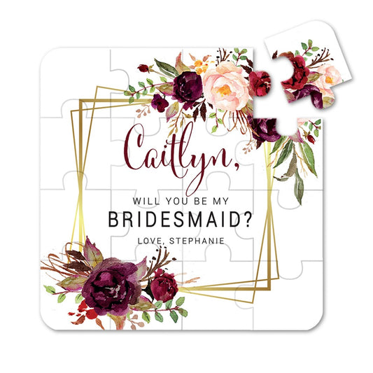 Personalized Will you be my bridesmaid Puzzle Proposal ith burgundy flower bouquet and delicate gold frame - XOXOKristen