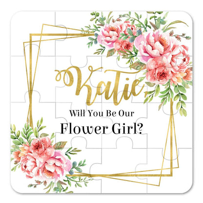 Personalized Will you be our Flower girl puzzle proposal with pink flower bouquet and gold frame - XOXOKristen